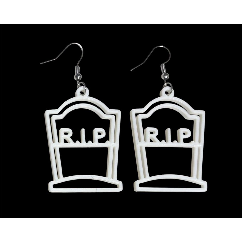 3D Printed Earrings - 2.25" x 1.25" R.I.P. Tombstone - WHITE - X005-01